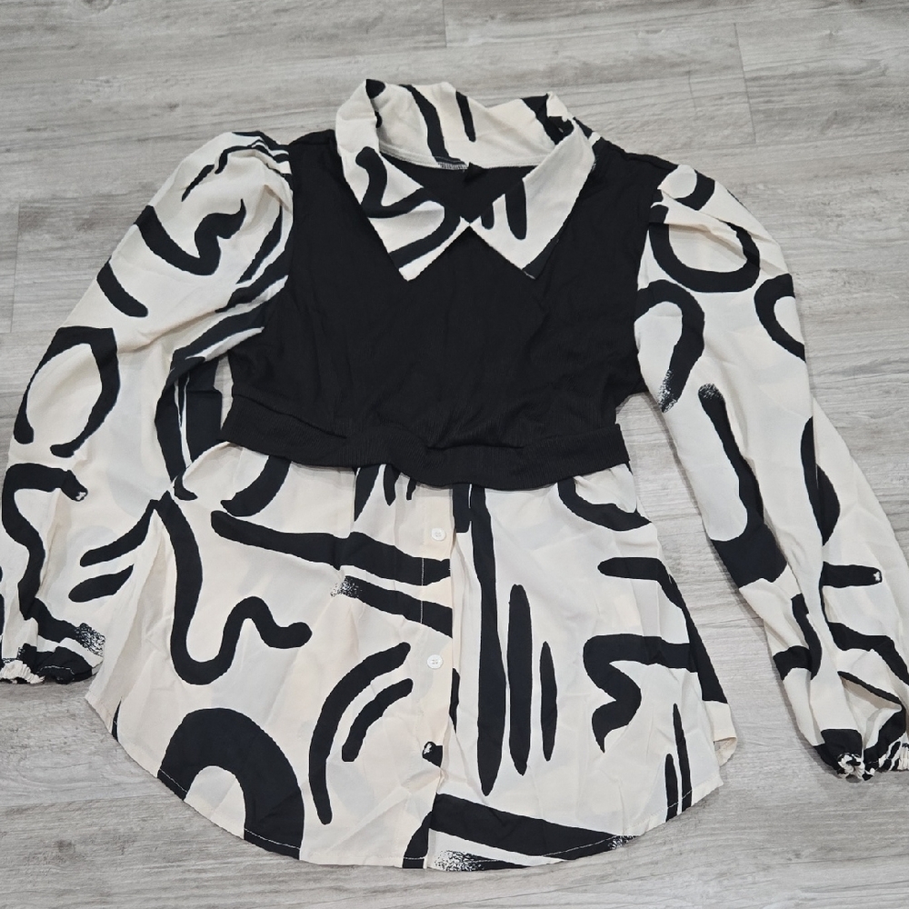 SHEIN Black and White Abstract Button Down Shirt